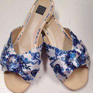 WHBM blue paisley print and gem bow slide, size 11